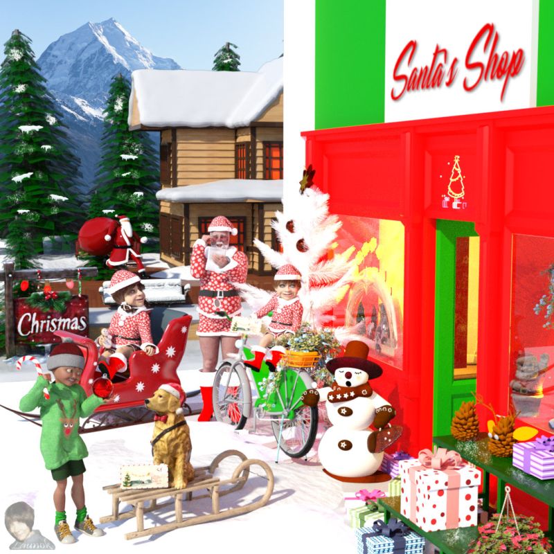 Santa's Shop
"Santa's workshop,
Is a magical place.
Where elves and toys,
Share time and space.

Santa's workshop,
Is at the North Pole.
Where Santa and his elves,
Dedicate their heart and soul.

They work awfully hard,
For smiles and joys.
All the good children,
Shall receive fantastic toys."

Adapted from anitapoems.com


ITEMS USED:

BUILDINGS:

Santa's Shop - original building by Petege
Wood Cabin by LowPolyBoy (Sketchfab) - Christmas trees are included

PROPS:

Christmas Decorated Sign, Photorealistic by CuiZi (Sketchfab)
Christmas Lights by NebulaLLC (Sketchfab) - attached to Christmas sign
Bicycle by Cronoz-artes (SketchUp Warehouse)
Flower plants from Maria (ShareCG) - a variety of plants
Snow-covered bench by Colin.Greenall (Sketchfab)
Snow planes used on terrain by Petege
Snowman Cookie by animagic.3D (Sketchfab) - in hand of doll on red sleigh
Snowman by Ingaskleinkunst (Renderosity)
Nuts & Schwipp Bow by Ingaskleinkunst (Renderosity) - decoration in left side window
Christmas gifts by TruForm (Renderosity)
Green shelves by Petege
Pine cones (not sure as it's quite old models)
Neon Christmas Tree - Day 12 by patrakeevasveta (Sketchfab) - neon sign above door
Sanitoy Inc. Santa NY-2022-12-02-21:18 by Makerbakerdad-G (Sketchfab) - Santa in right side window
Letter for Santa by ARCTIC WOLVES (Sketchfab) - envelope in hand of boy on bicycle and in front of dog on wooden sled
Christmas Golden Retriever by David Wigforss (Sketchfab) - dog on sled
Sled 01 old by cKalten  (Turbosquid) - wooden sled
TRAINEAU DU PERE NOEL by chacornac (Renderosity) - red sleigh
Santa Clause Low Poly Speed Model by Billy Jackman (Sketchfab) - Santa in background with bag running
White Christmas Tree by Ingaskleinkunst (Renderosity) - ANA Gross Arts and Alayna1 at ShareCG

CHARACTERS:

Genesis 8 Male (Christmas Father)
Genesis 8 Male (Toon Generations 4 boy)
Genesis dolls by Mythcons (Gift from him)
Christmas clothing by Guy91600 (Renderosity) for all except boy in foreground which is for TG4
Pose for TG4 boy includes the candy cane and bauble

BACKGROUND/SKY:

From: Unsplash website

Postwork done with the help of Petege in Affinity Photo

Daz Studio Iray Render



Keywords: 3d, scene, Christmas