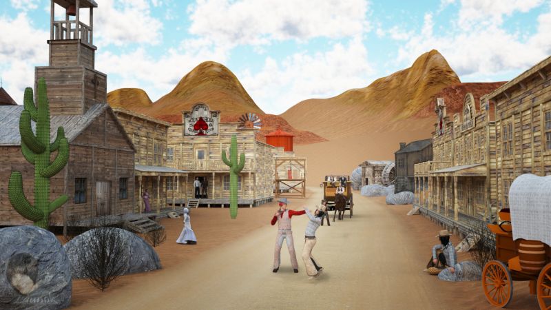 THE CANYON PASSAGE BRAWL
Terrain: Canyon DS (Renderosity)

Buildings & other objects: 
Western church - Mobile GameReady at Sketchfab
Windmill and watertank western 83089 at Free3D
Western Justice Old Time Gallows by goshtac at ShareCG
The mill house at DownloadFree3D
Medieval house 9 at DownloadFree3D

Old Product used for Western buildings:
Western building construction set (RDNA). Product is called "Old Time Fun" by TransPond

Vehicles:
Chuckwagon by web_wizard at Renderosity
Stagecoach by RoyGee at ShareCG

Plants:
Dry bushes (Tumbleweed style) made by PeTeGe in Blender.
3 cactus 4 5 6 by Chacornac at Renderosity

Rocks made by PeTeGe in Blender.

Clothing sets/hair - G2M and G3M:
A gentleman's wardrobe G2M at Daz3d
Internship outfit for Genesis 2 male's at Daz3d
Newport outfit for Genesis 2 male's at Daz3d
Basic hair (Used on G3M) at Daz3d
Casual long hair (Used on G3M) at Daz3d
Cowboy outfit for Genesis 3 male's at Daz3D
LumberJack clothing set (part of Genesis 2 starter essentials) / Used on horse & coach riders

Clothing sets V4 (Hair on V4 just basic hair used):
Teris Everyday Pioneer V4/S4 by Rose2000 at ShareCG
Rose's Western V4/A4/S4 by Rose2000 at ShareCG

Poses:
G3M fighting poses made by PeTeGe
Cowboy sitting pose part of base sets
V4 poses part of base sets
Stagecoach poses made by SKYLAB: M3/V3 and MIL HORSE STAGECOACH at ShareCG

Lighting:
With the help of PeTeGe the focal point lighting was done in Affinity.

Daz Studio Render








