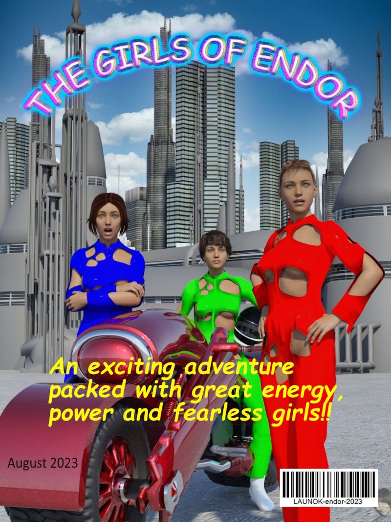The Girls of Endor
ITEMS USED:

BUILDINGS:

The City by Herminio (ShareCG)
Helidrone Station by Herminio (ShareCG)

VEHICLE:

Sci-Fi Bike by woodkz71 (Renderosity)

CHARACTERS:

Genesis 8 Female
Clothing:  2GOU DM-SUIT by Aemi1970 (Renderosity)
Hair:  Montero Hair / Denise Hair / Worker Short Ponytail
Poses:  Petege

SKY:

Luminar 4

Daz Studio Iray Render

Keywords: 3D scene comic
