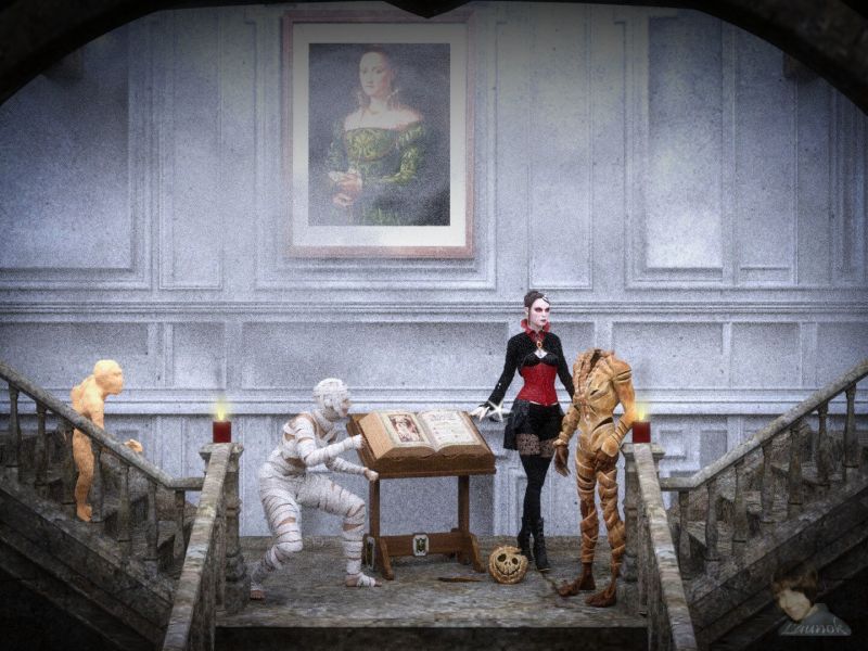 The Revenge
The Vampiress, Drusilla, has taken things in her own hand after she caught Mr Mincemeat destroyed all her crows she uses in her spells and killed her husband, the Vampire Vladimir in the valley.  She has decided it's time for revenge and behead him in her home, The Lair of the Vampire Vladimir.  The mummies look in shock to this terrible ordeal!
But they have now a nice shortcrust pie to knibble on at the feast table!

Items used:

Building and Props:

Haunted Mansion - Lair of the Vampire by Shredder (ShareCG)
Haunted Mansion: Seance Book and Lectern by jen b (Sketchfab)
Cloud by TechArtBGN (Sketchfab) - For misty effect

Characters:

Vampire by verena boeck (Sketchfab) - Vampire girl with knife
Mummy by jankhooo (Sketchfab) - Mummy on left staircase
BandageMania V4 by Marco (ShareCG) - Mummy with pose fitted to G8F
FN Mincemeat by Sidgara (Deviantart) - Headless character (head on floor)

Daz Studio Iray Render

Keywords: 3D scene halloween