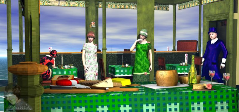 Cheese and Wine in the Roaring Twenties
This is a very old Bryce render.

All props used except the characters/clothing are from SketchUp Warehouse.
It includes the "Art Nouveau Tearoom" by Daniel P.
Characters:  Genesis dressed with clothing from the Roaring Twenties set by Wilmap Creations (Wendy).

Bryce 7 render
Keywords: 3D Scene