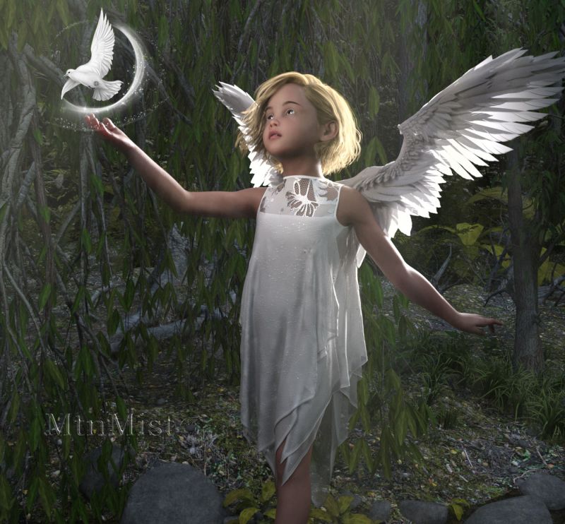 On the wings of a dove.
~TOTW Winner Wk of 8/19/23~
Waiting for the plumber and excavator to come and finish up a big repair (ten day job) so figured I might as well try and do something productive. Daz Studio and Photoshop.  :)
Keywords: TOTW Winner