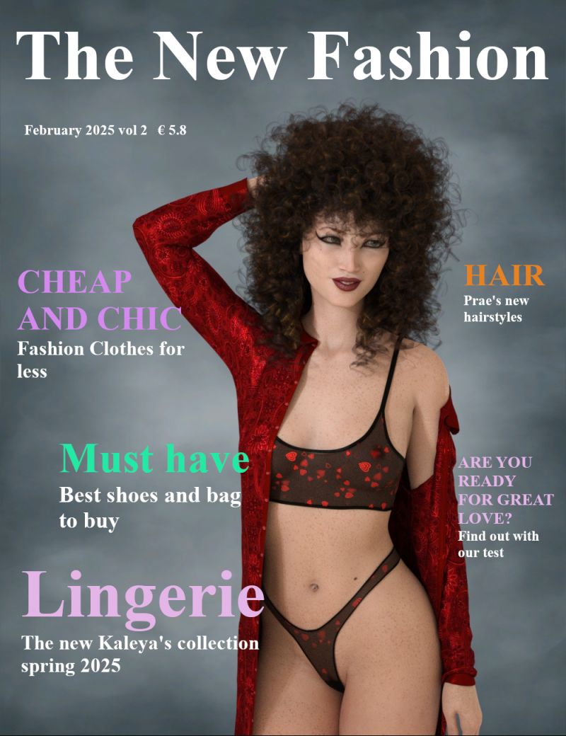 A new fashion magazine
A new fashion magazine for supreme elegance. Inside the latest from the catwalks. How to be elegant on a small budget. Plus sexy lingerie and innovative haircuts. Finally, don't forget the love test.
