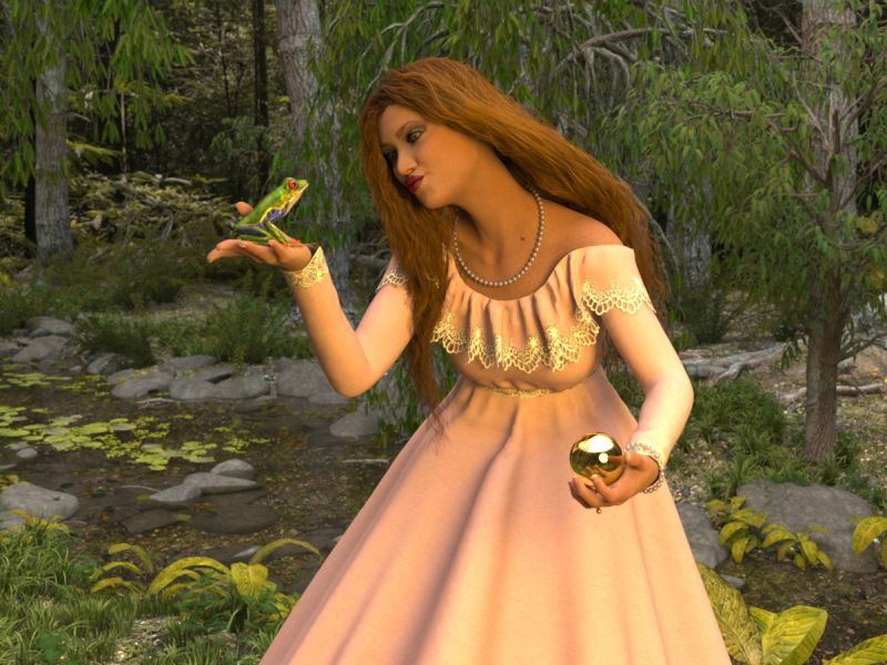 The Frog Prince
The Frog Prince
A princess carelessly drops her golden ball into a pond. A frog approaches the pond's edge and promises to retrieve the ball in exchange for her friendship. The frog retrieves the ball, but the princess refuses to keep her promise. Her father, the king, reminds her that promises are kept and forces her to do so. The princess reluctantly accepts her father's command and kisses the frog. The frog is a prince transformed by a witch. The kiss breaks the witch's spell, and the frog is transformed into a prince.
Keywords: frog prince kiss