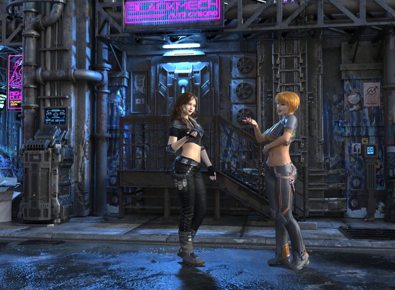 Private Conversation Outside
In this futuristic world, there are listeners and video cams everywhere.  In order to have a private conversation, these two went outside where they can see if anyone is around them.
Keywords: scifi female environment