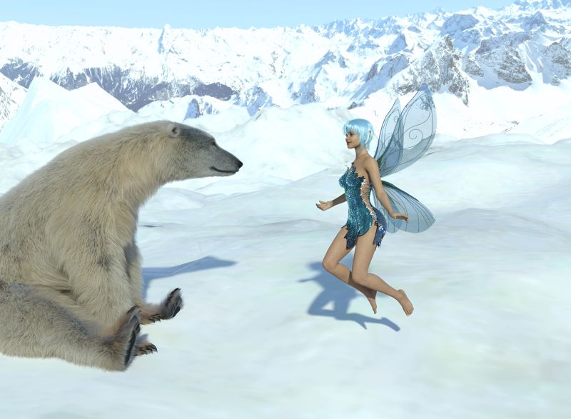 4th Place Winner~Winter Fairy Comforts a Bear
A young bear woke up from his deep sleep too early because of the cold. When the bear came out of the cave, there were no other bears or other creatures to be found. It was silent except for the wind. The bear became anxious and confused.
   Kristaline, a winter fairy, came to comfort the bear. She spoke to him in a language he could understand. She spoke to him until the bear was calm and serene. Kristaline cast a "sleepy" spell on the bear and led him back to his cave. He settled down fast asleep. 
Keywords: fae fantasy animal