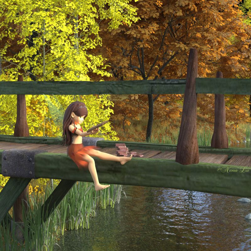 All a fairy needs are books
I've tried to get it all in, the Autumn fairy, the books and the bridge.
And Sadie Fae is happy, wonderful weather, the bridge over the water and many books to read.

Keywords: autumn fae fairy bridge water forest river